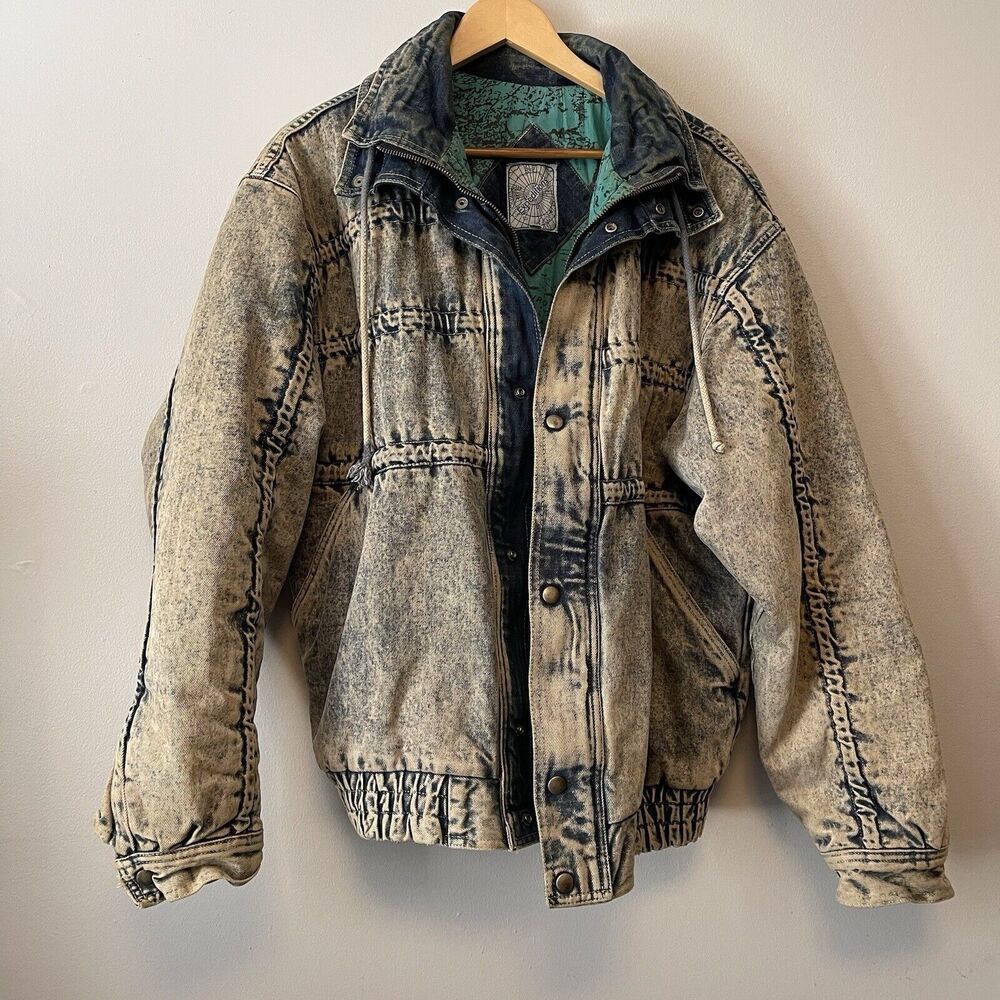 Vtg Expeditions Outerwear Large Faded Denim Bomber Flannel Map Lined Mens Jacket